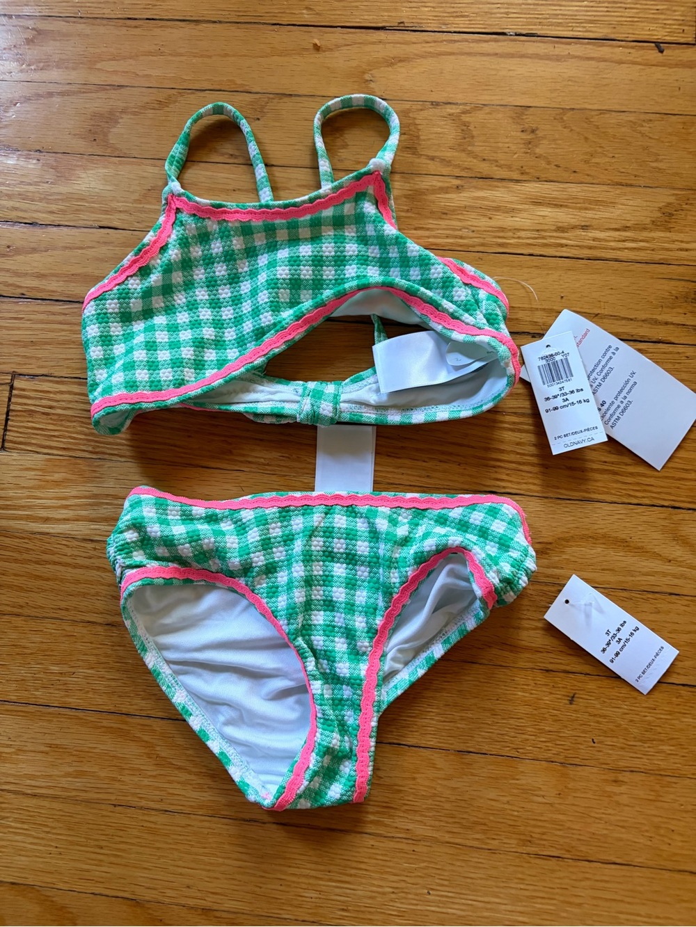 Old Navy Green Gingham Two-Piece Bikini with Pink Trim